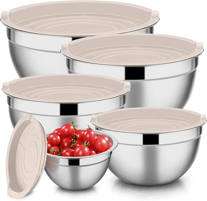 Stainless Steel Mixing Bowls with Lids, 5-Pack Metal Nesting Bowls with Airtight Covers for Cooking, Baking, Serving, Storage, Non-toxic & Dishwasher Safe, Size 4.6/3/1.5/1/0.7QT - Khaki