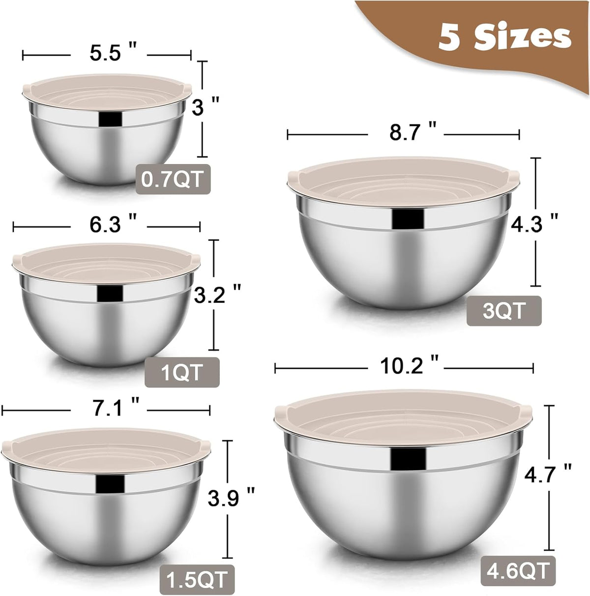 Stainless Steel Mixing Bowls with Lids, 5-Pack Metal Nesting Bowls with Airtight Covers for Cooking, Baking, Serving, Storage, Non-toxic & Dishwasher Safe, Size 4.6/3/1.5/1/0.7QT - Khaki