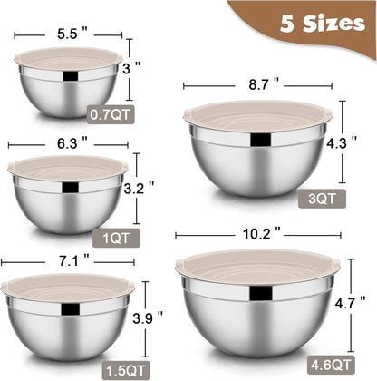 Stainless Steel Mixing Bowls with Lids, 5-Pack Metal Nesting Bowls with Airtight Covers for Cooking, Baking, Serving, Storage, Non-toxic & Dishwasher Safe, Size 4.6/3/1.5/1/0.7QT - Khaki