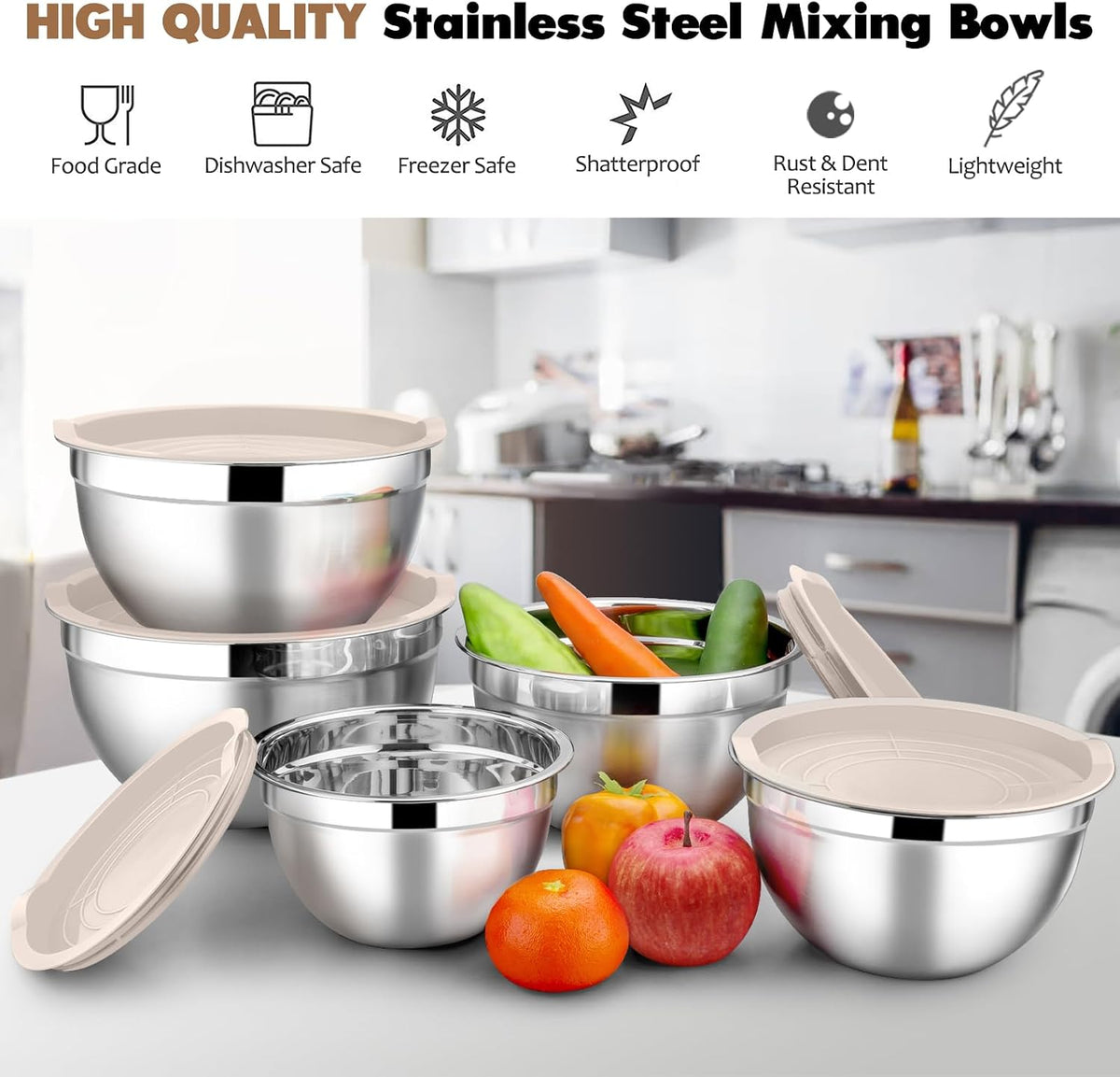 Stainless Steel Mixing Bowls with Lids, 5-Pack Metal Nesting Bowls with Airtight Covers for Cooking, Baking, Serving, Storage, Non-toxic & Dishwasher Safe, Size 4.6/3/1.5/1/0.7QT - Khaki