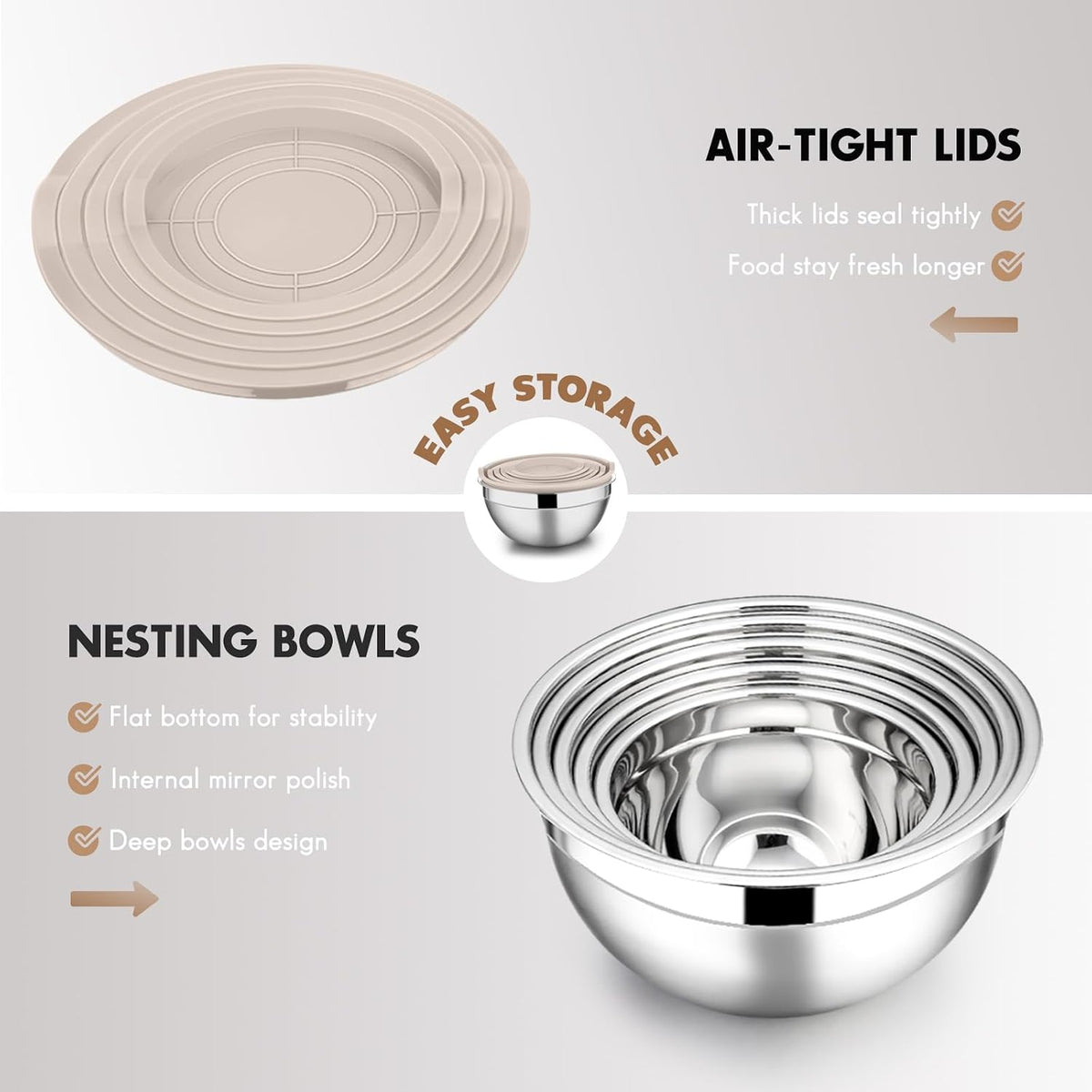 Stainless Steel Mixing Bowls with Lids, 5-Pack Metal Nesting Bowls with Airtight Covers for Cooking, Baking, Serving, Storage, Non-toxic & Dishwasher Safe, Size 4.6/3/1.5/1/0.7QT - Khaki