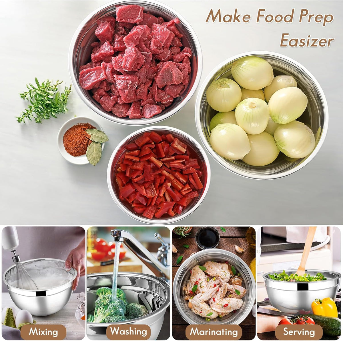 Stainless Steel Mixing Bowls with Lids, 5-Pack Metal Nesting Bowls with Airtight Covers for Cooking, Baking, Serving, Storage, Non-toxic & Dishwasher Safe, Size 4.6/3/1.5/1/0.7QT - Khaki