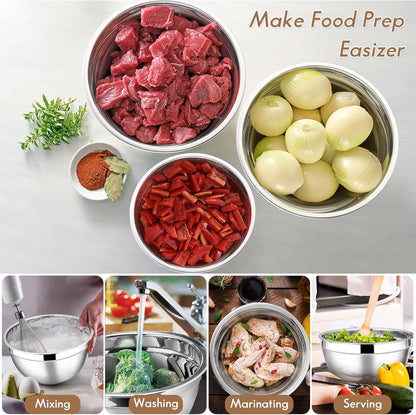 Stainless Steel Mixing Bowls with Lids, 5-Pack Metal Nesting Bowls with Airtight Covers for Cooking, Baking, Serving, Storage, Non-toxic & Dishwasher Safe, Size 4.6/3/1.5/1/0.7QT - Khaki