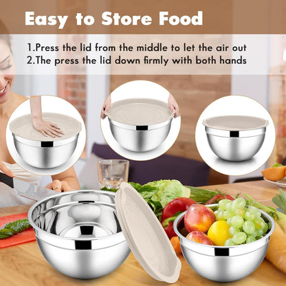Stainless Steel Mixing Bowls with Lids, 5-Pack Metal Nesting Bowls with Airtight Covers for Cooking, Baking, Serving, Storage, Non-toxic & Dishwasher Safe, Size 4.6/3/1.5/1/0.7QT - Khaki
