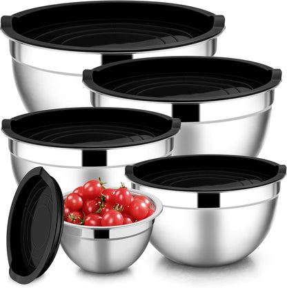 Stainless Steel Mixing Bowls with Lids, 5-Pack Metal Nesting Bowls with Airtight Covers for Cooking, Baking, Serving, Storage, Non-toxic & Dishwasher Safe, Size 4.6/3/1.5/1/0.7QT - Khaki