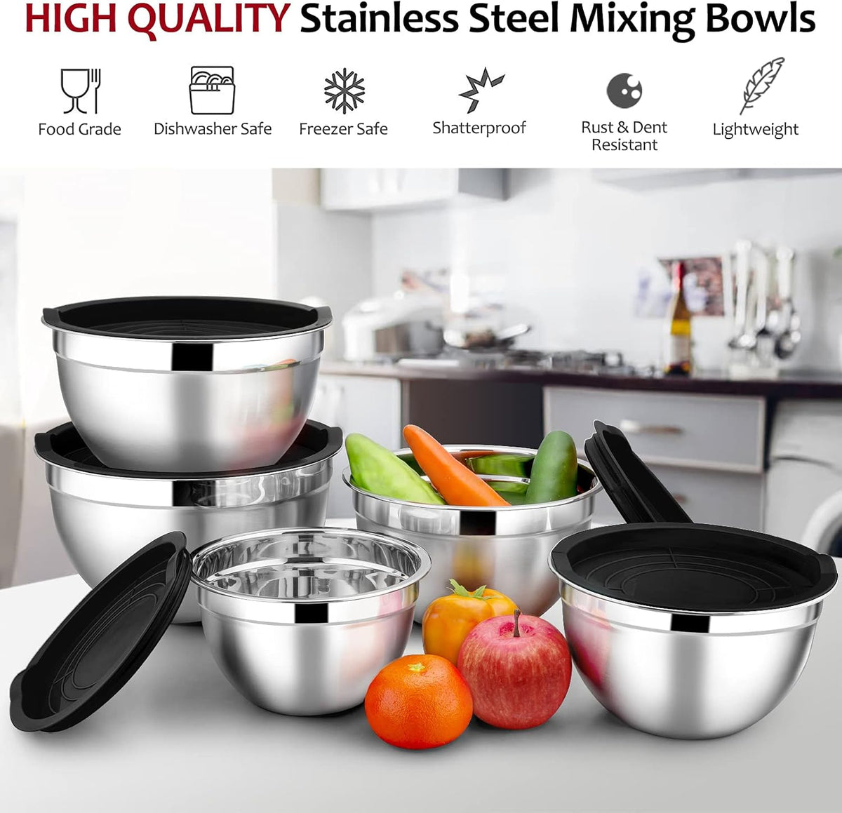 Stainless Steel Mixing Bowls with Lids, 5-Pack Metal Nesting Bowls with Airtight Covers for Cooking, Baking, Serving, Storage, Non-toxic & Dishwasher Safe, Size 4.6/3/1.5/1/0.7QT - Khaki