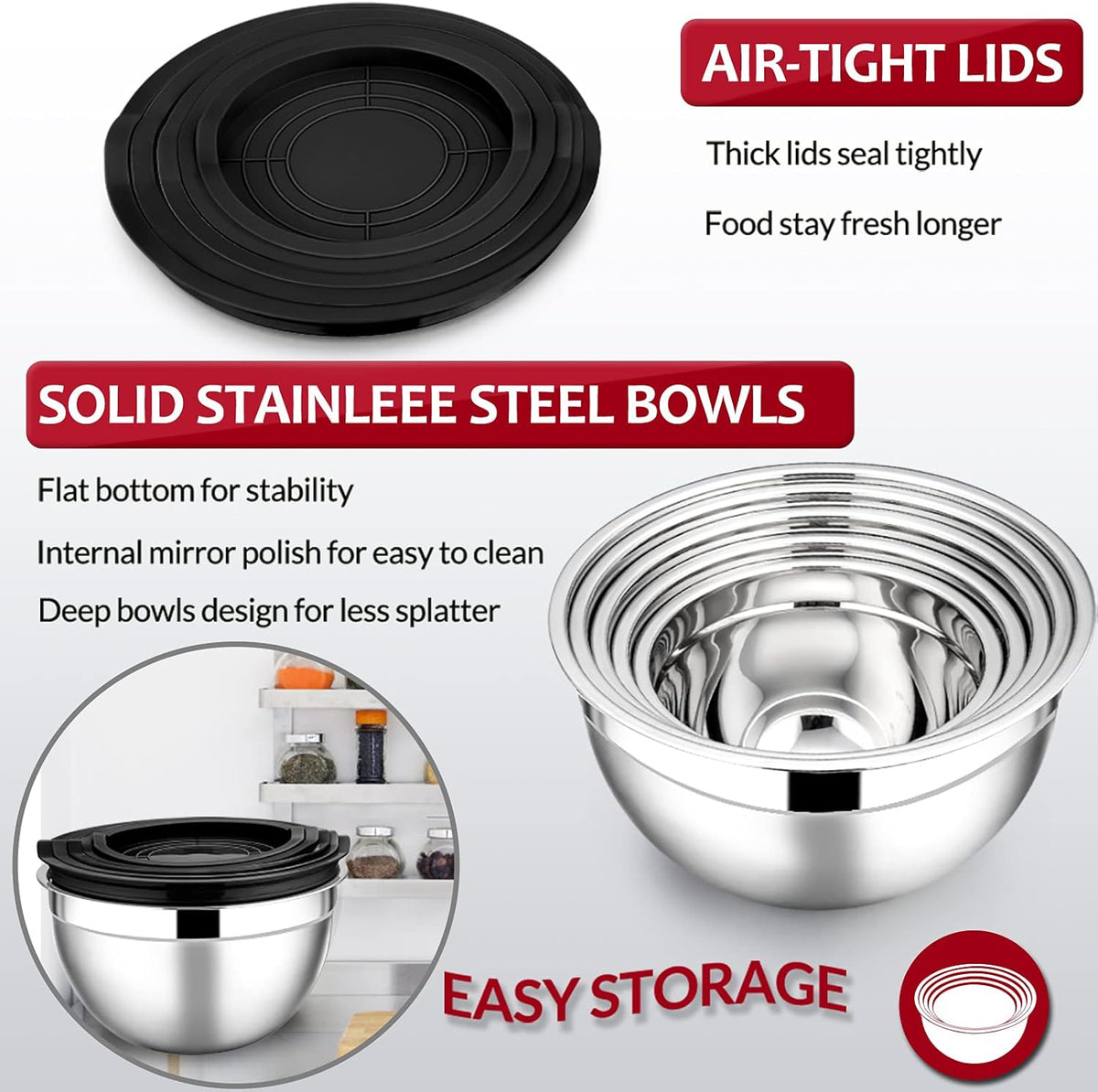 Stainless Steel Mixing Bowls with Lids, 5-Pack Metal Nesting Bowls with Airtight Covers for Cooking, Baking, Serving, Storage, Non-toxic & Dishwasher Safe, Size 4.6/3/1.5/1/0.7QT - Khaki