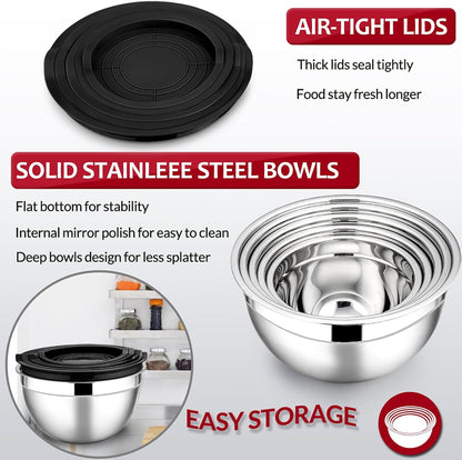 Stainless Steel Mixing Bowls with Lids, 5-Pack Metal Nesting Bowls with Airtight Covers for Cooking, Baking, Serving, Storage, Non-toxic & Dishwasher Safe, Size 4.6/3/1.5/1/0.7QT - Khaki