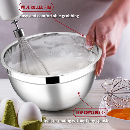 Stainless Steel Mixing Bowls with Lids, 5-Pack Metal Nesting Bowls with Airtight Covers for Cooking, Baking, Serving, Storage, Non-toxic & Dishwasher Safe, Size 4.6/3/1.5/1/0.7QT - Khaki