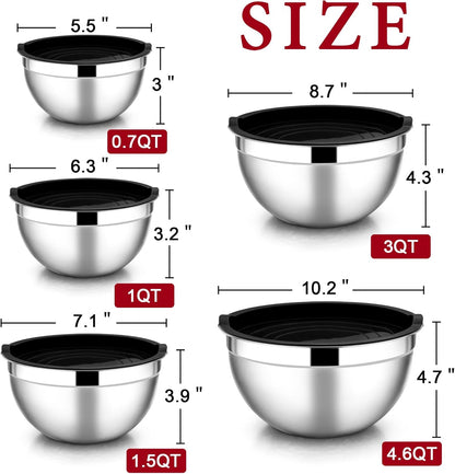 Stainless Steel Mixing Bowls with Lids, 5-Pack Metal Nesting Bowls with Airtight Covers for Cooking, Baking, Serving, Storage, Non-toxic & Dishwasher Safe, Size 4.6/3/1.5/1/0.7QT - Khaki