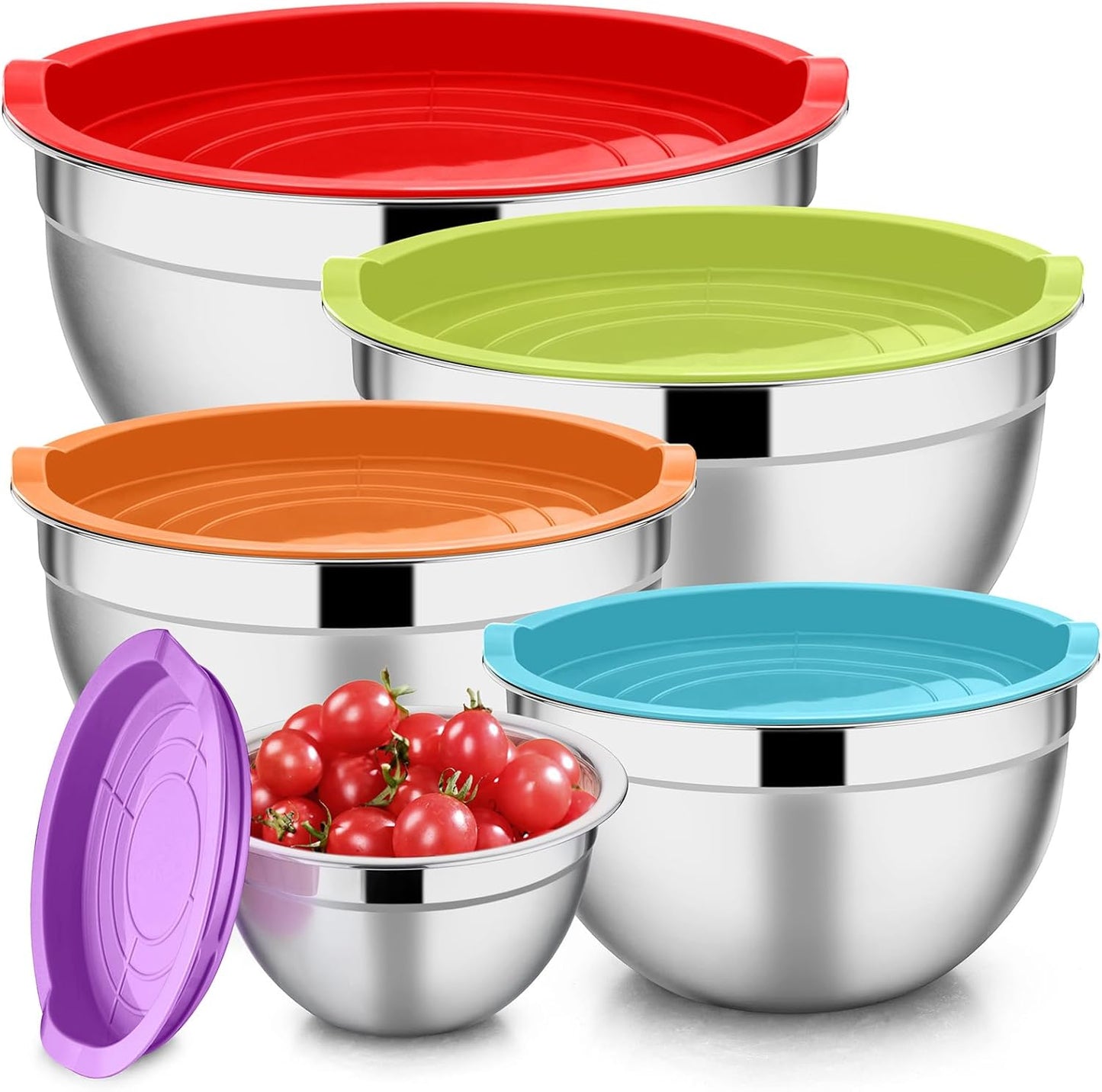 Stainless Steel Mixing Bowls with Lids, 5-Pack Metal Nesting Bowls with Airtight Covers for Cooking, Baking, Serving, Storage, Non-toxic & Dishwasher Safe, Size 4.6/3/1.5/1/0.7QT - Khaki