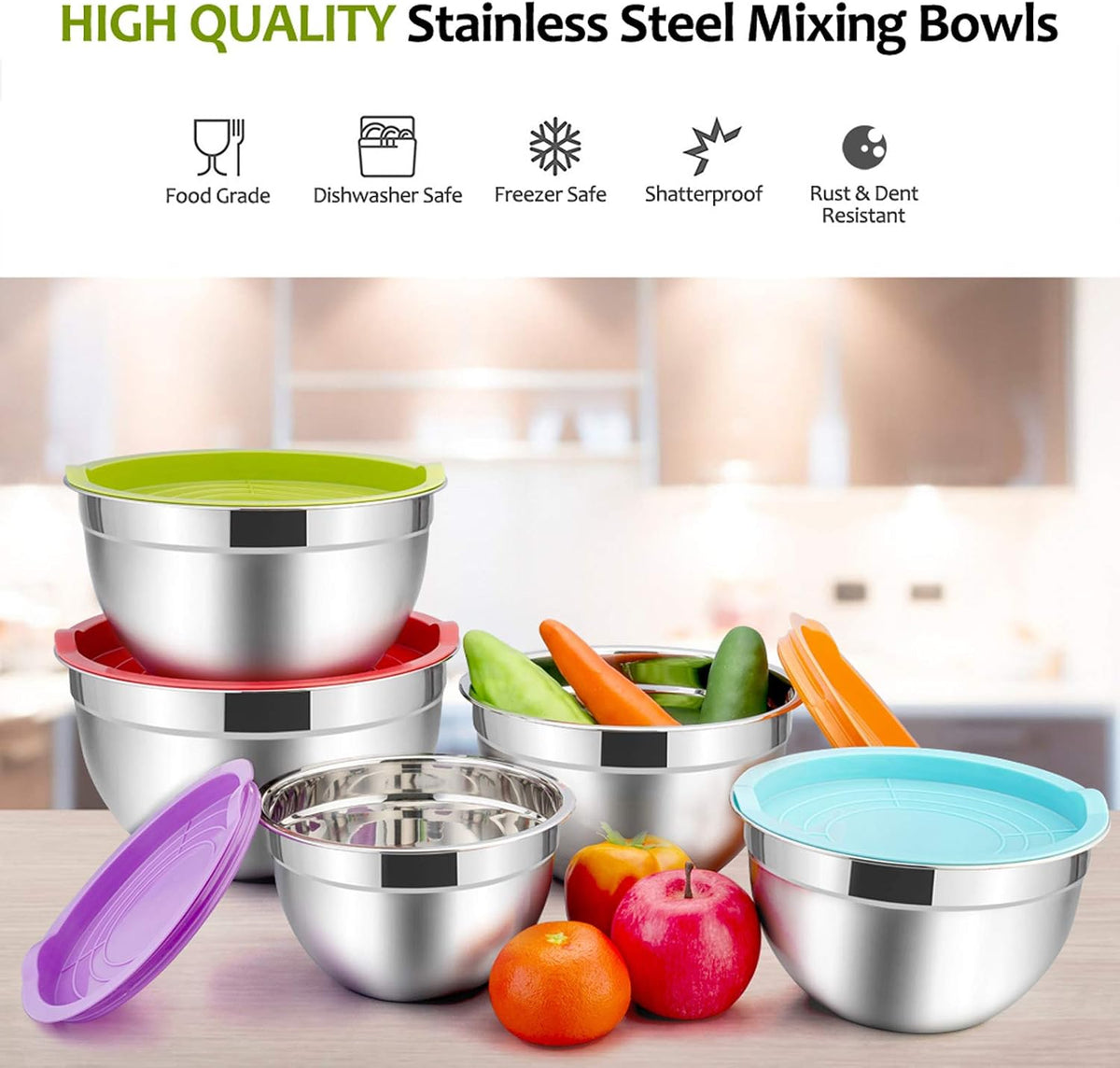 Stainless Steel Mixing Bowls with Lids, 5-Pack Metal Nesting Bowls with Airtight Covers for Cooking, Baking, Serving, Storage, Non-toxic & Dishwasher Safe, Size 4.6/3/1.5/1/0.7QT - Khaki