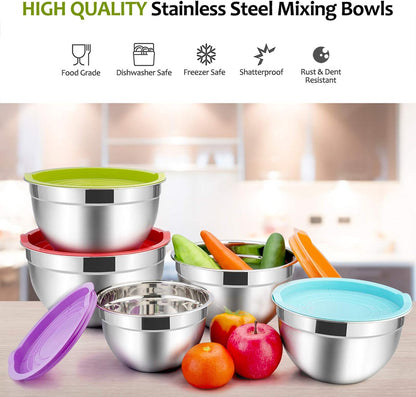 Stainless Steel Mixing Bowls with Lids, 5-Pack Metal Nesting Bowls with Airtight Covers for Cooking, Baking, Serving, Storage, Non-toxic & Dishwasher Safe, Size 4.6/3/1.5/1/0.7QT - Khaki