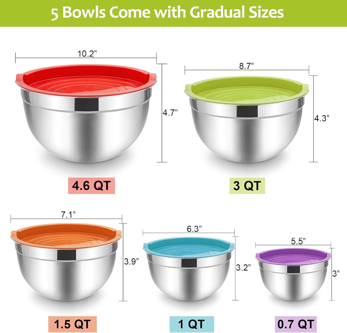 Stainless Steel Mixing Bowls with Lids, 5-Pack Metal Nesting Bowls with Airtight Covers for Cooking, Baking, Serving, Storage, Non-toxic & Dishwasher Safe, Size 4.6/3/1.5/1/0.7QT - Khaki