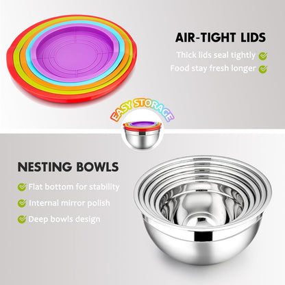 Stainless Steel Mixing Bowls with Lids, 5-Pack Metal Nesting Bowls with Airtight Covers for Cooking, Baking, Serving, Storage, Non-toxic & Dishwasher Safe, Size 4.6/3/1.5/1/0.7QT - Khaki
