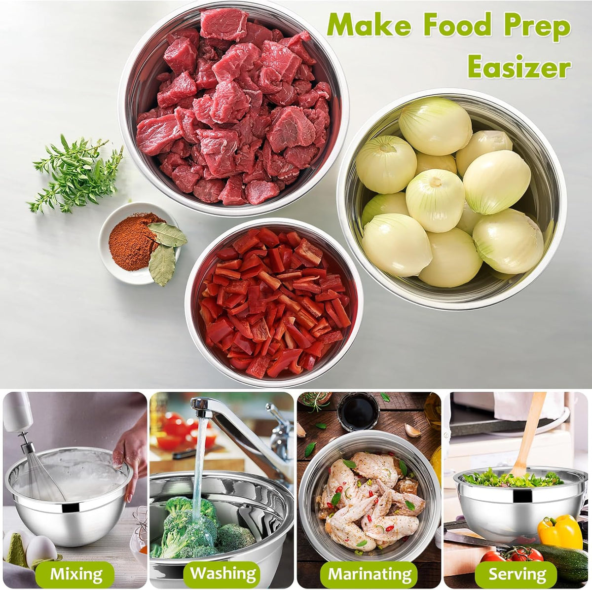 Stainless Steel Mixing Bowls with Lids, 5-Pack Metal Nesting Bowls with Airtight Covers for Cooking, Baking, Serving, Storage, Non-toxic & Dishwasher Safe, Size 4.6/3/1.5/1/0.7QT - Khaki