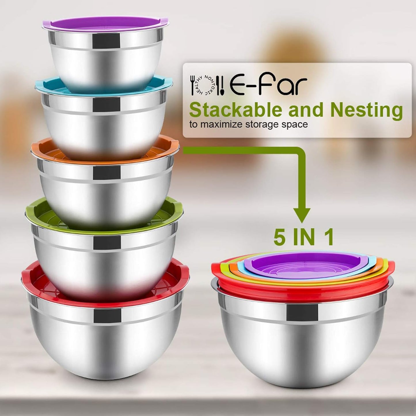 Stainless Steel Mixing Bowls with Lids, 5-Pack Metal Nesting Bowls with Airtight Covers for Cooking, Baking, Serving, Storage, Non-toxic & Dishwasher Safe, Size 4.6/3/1.5/1/0.7QT - Khaki