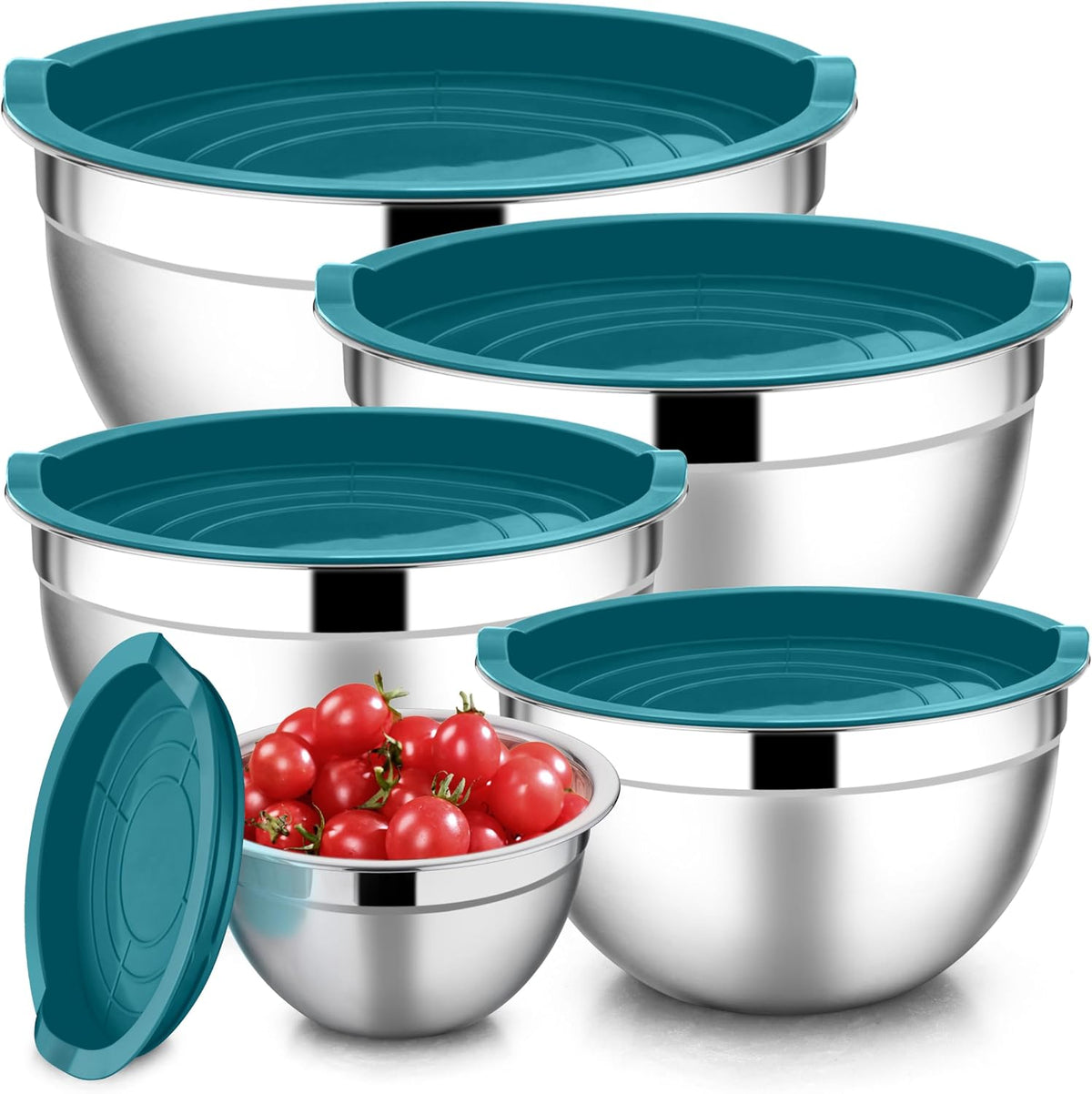 Stainless Steel Mixing Bowls with Lids, 5-Pack Metal Nesting Bowls with Airtight Covers for Cooking, Baking, Serving, Storage, Non-toxic & Dishwasher Safe, Size 4.6/3/1.5/1/0.7QT - Khaki