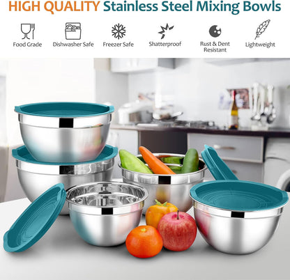 Stainless Steel Mixing Bowls with Lids, 5-Pack Metal Nesting Bowls with Airtight Covers for Cooking, Baking, Serving, Storage, Non-toxic & Dishwasher Safe, Size 4.6/3/1.5/1/0.7QT - Khaki
