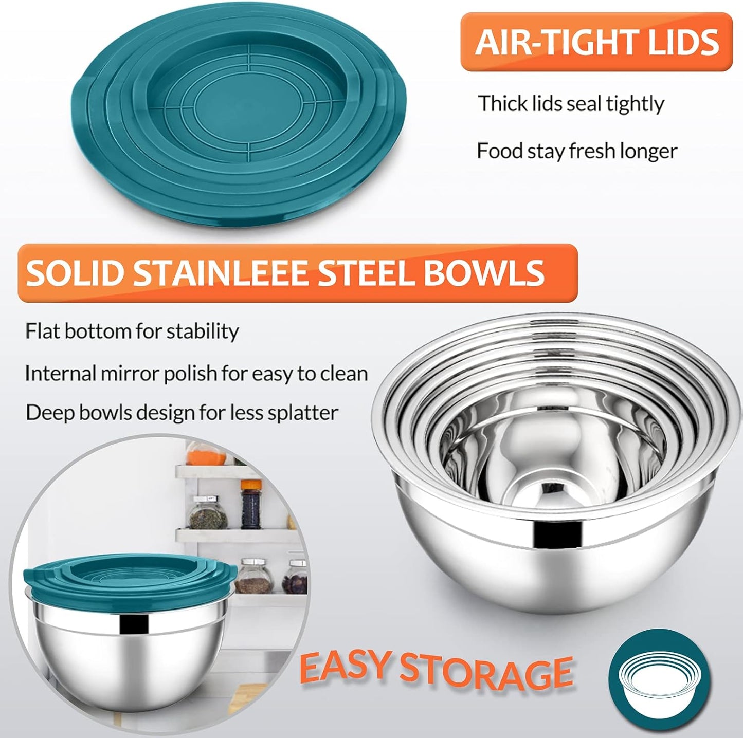 Stainless Steel Mixing Bowls with Lids, 5-Pack Metal Nesting Bowls with Airtight Covers for Cooking, Baking, Serving, Storage, Non-toxic & Dishwasher Safe, Size 4.6/3/1.5/1/0.7QT - Khaki
