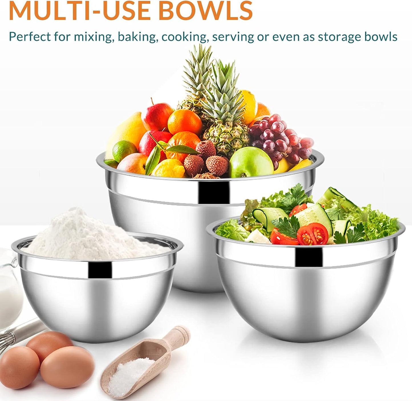 Stainless Steel Mixing Bowls with Lids, 5-Pack Metal Nesting Bowls with Airtight Covers for Cooking, Baking, Serving, Storage, Non-toxic & Dishwasher Safe, Size 4.6/3/1.5/1/0.7QT - Khaki