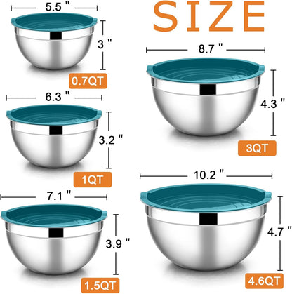 Stainless Steel Mixing Bowls with Lids, 5-Pack Metal Nesting Bowls with Airtight Covers for Cooking, Baking, Serving, Storage, Non-toxic & Dishwasher Safe, Size 4.6/3/1.5/1/0.7QT - Khaki