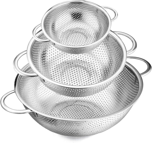 Stainless Steel Colander Set of 3 (1-3-5Quart), Micro-Perforated Metal Colander Strainer with Handle for Kitchen/Draining Pasta/Rinsing Vegetables Fruits, Heavy Duty & Dishwasher Safe
