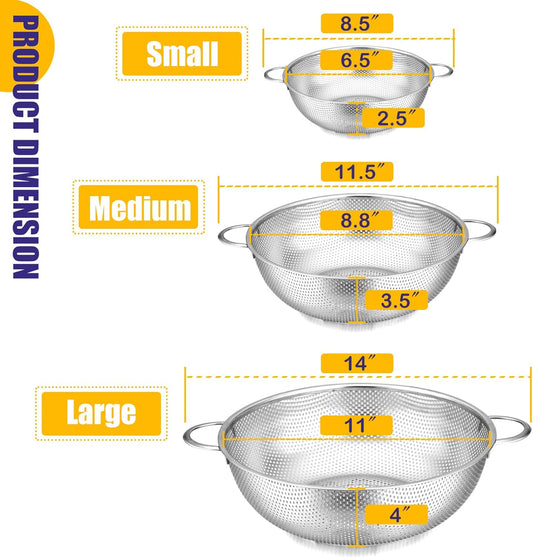 Stainless Steel Colander Set of 3 (1-3-5Quart), Micro-Perforated Metal Colander Strainer with Handle for Kitchen/Draining Pasta/Rinsing Vegetables Fruits, Heavy Duty & Dishwasher Safe
